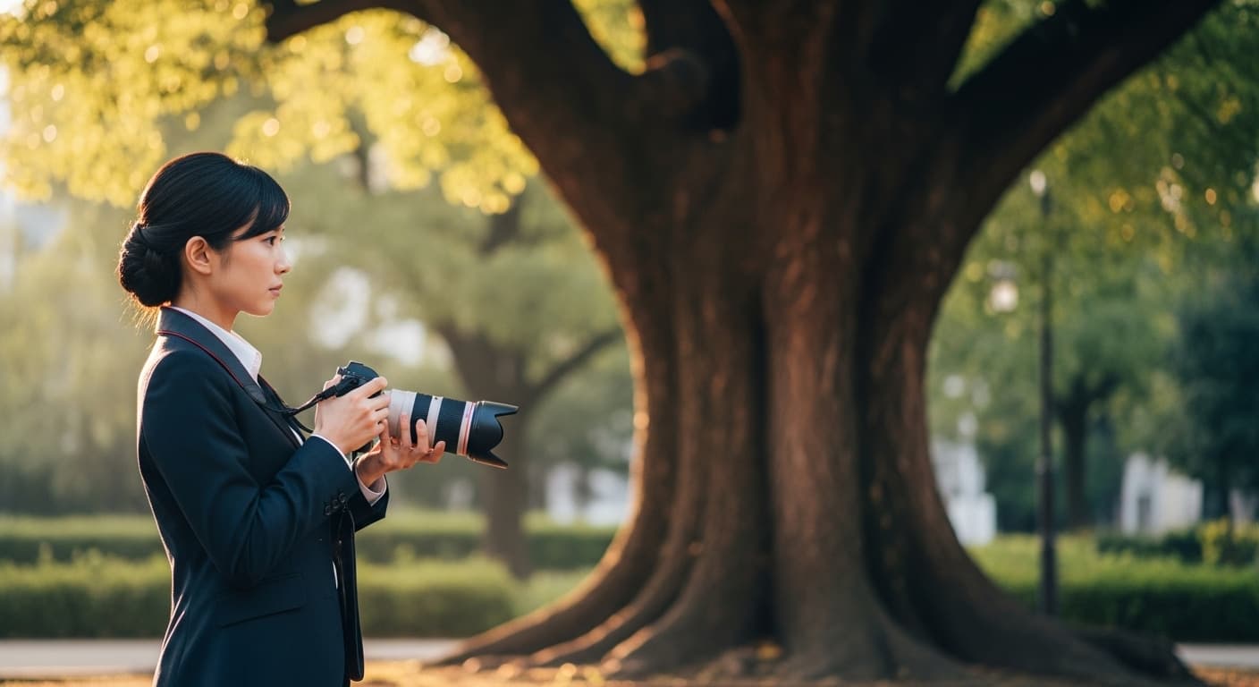 木の幹を眺める女性探偵